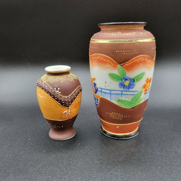 Japanese Hand Painted Satsuma Style Vases Dragon Floral Moriage Gilt Set of Two - Picture 3 of 8